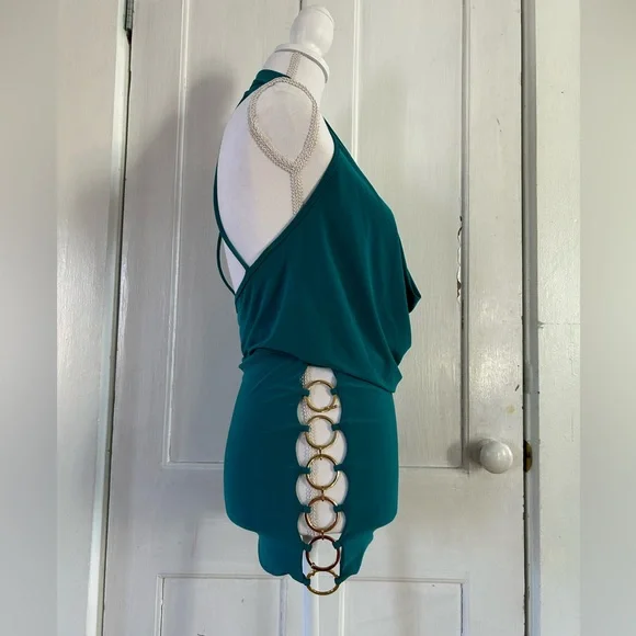 Symphony Turquoise Drape Front Dress with Gold Chain Sides NWOT size Small - Picture 4 of 8